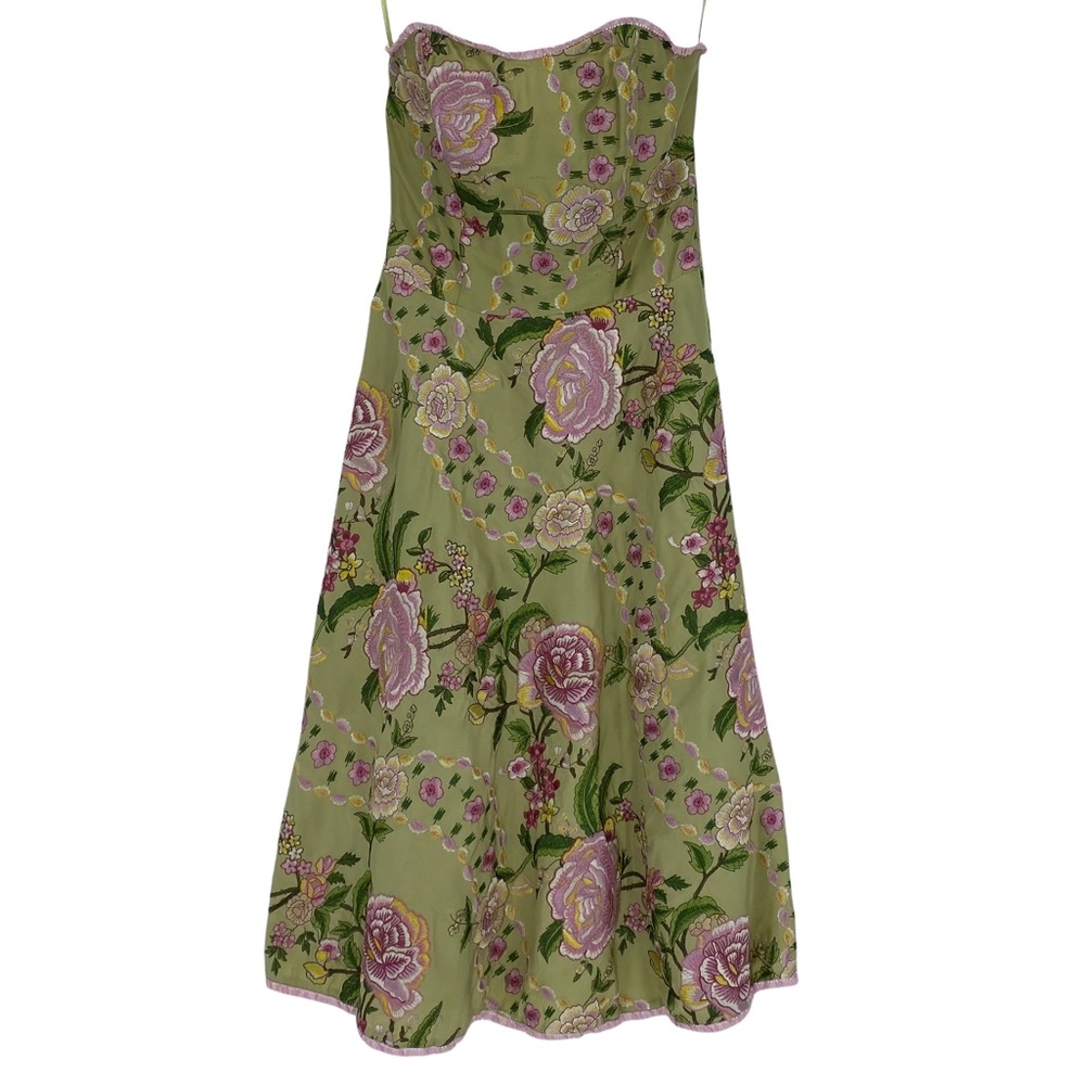 Beautiful ECI New York 100% silk green embroidered pink floral strapless dress